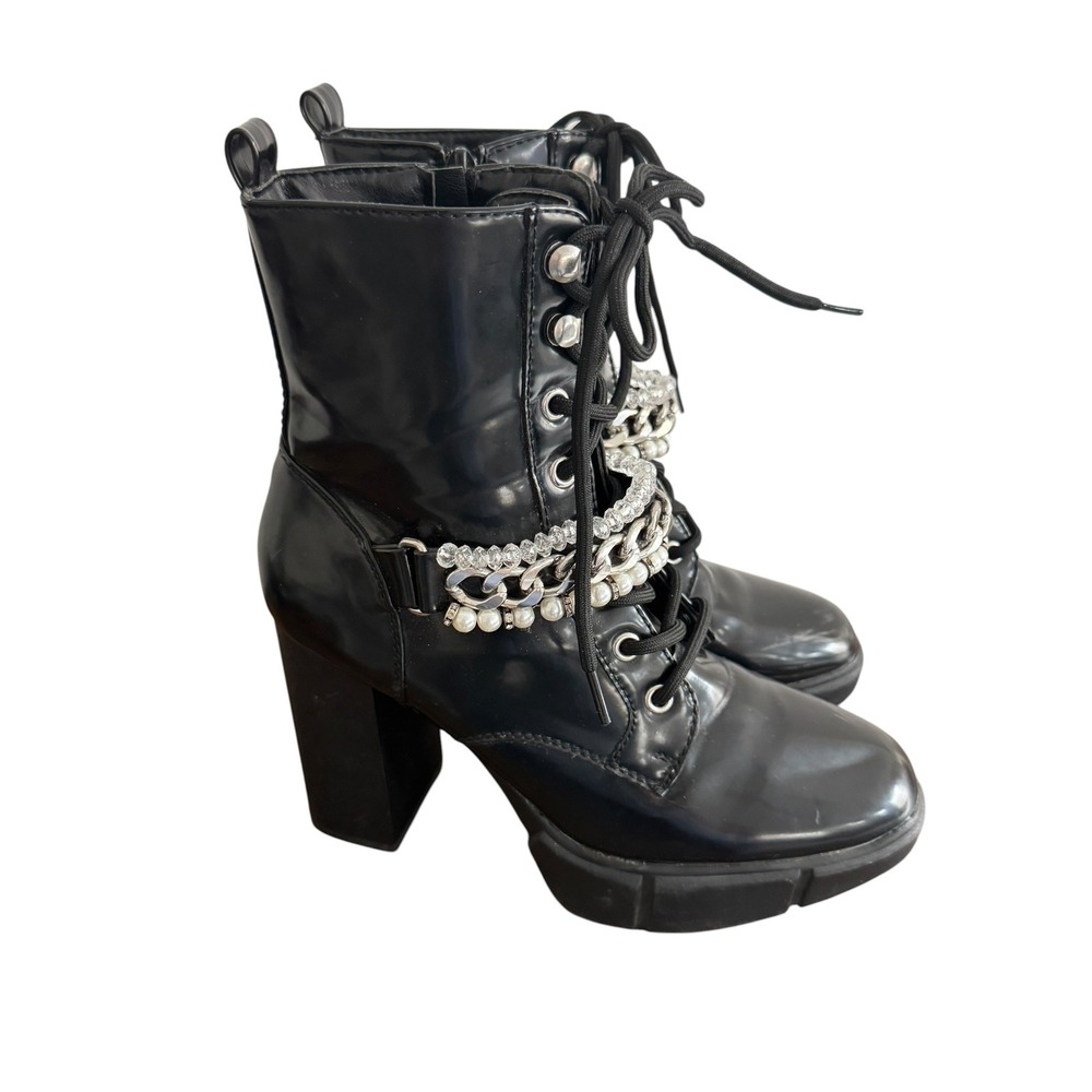 Forever 21 Readily Black Platform Combat Boots Pearl Chain Rhinestone 8M